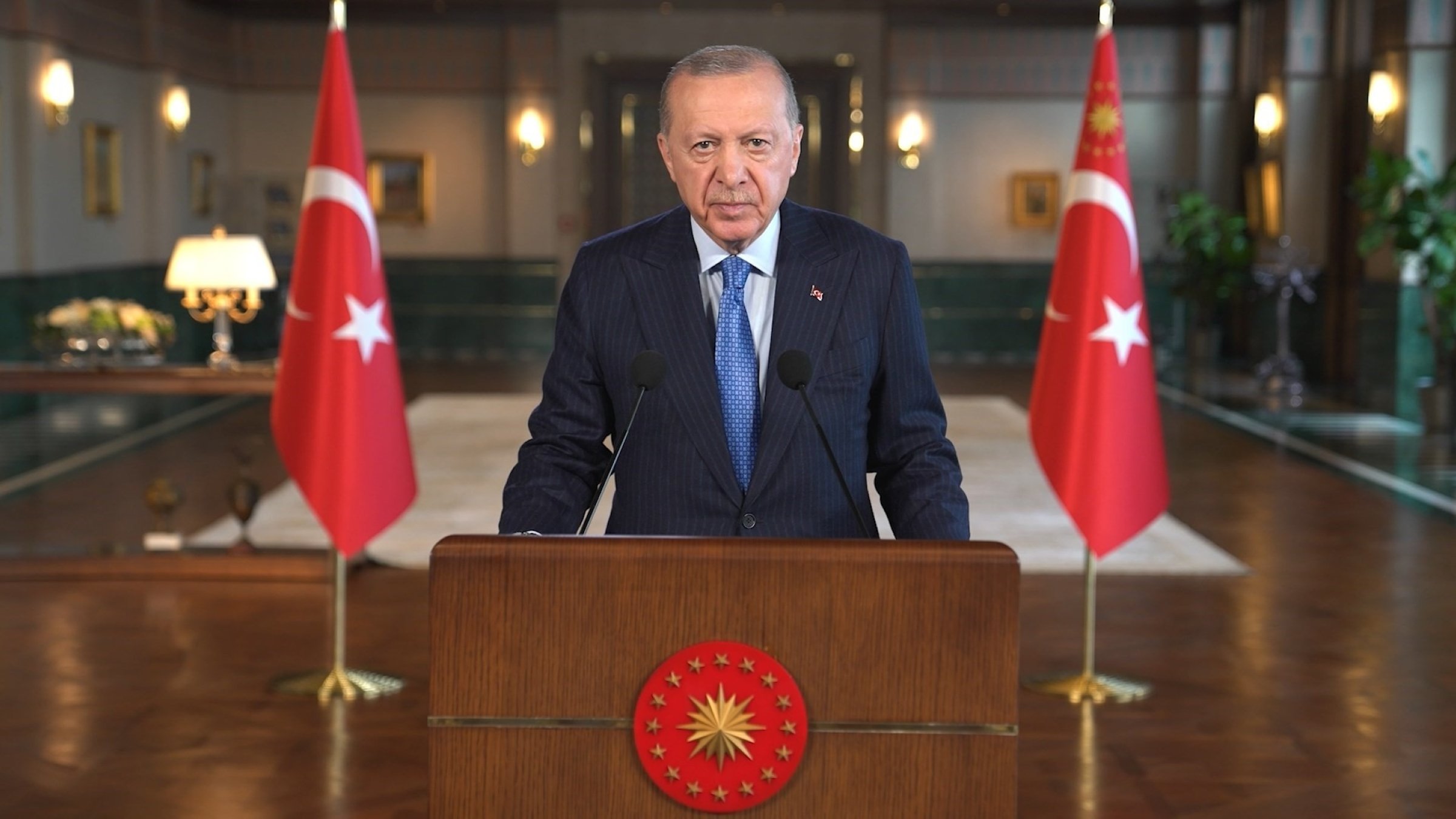 President Recep Tayyip Erdoğan delivers a video message to the 9th Istanbul Mediation Conference, Istanbul, Türkiye, Oct. 23, 2026. (IHA Photo)