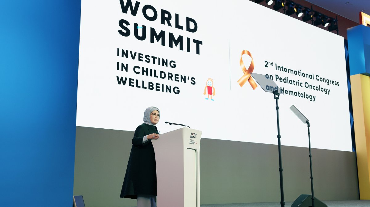 First lady Emine Erdoğan delivers a speech at the opening of the World Summit on Child Well-being, Samarkand, Uzbekistan, Oct. 21, 2026. (AA Photo)