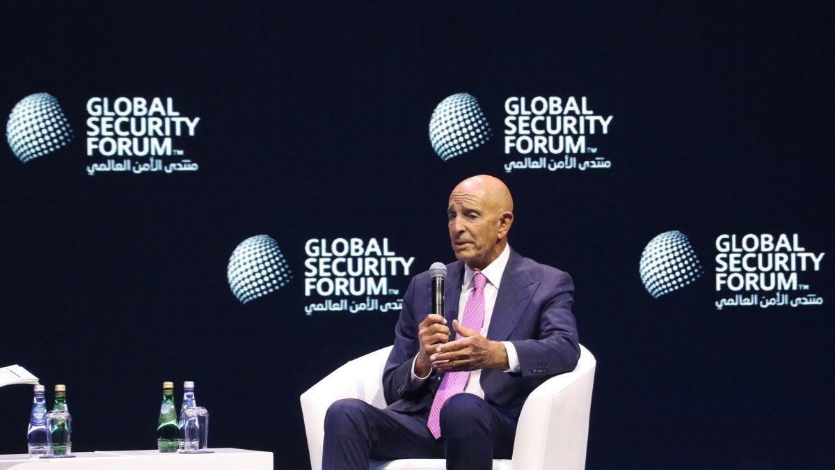 U.S. Ambassador to Türkiye and Special Envoy for Syria and Iraq Tom Barrack speaks at the 8th Global Security Forum, held under the theme "The Future of Alliances," in Doha, Qatar, Oct. 20, 2026. (AA Photo)