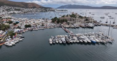 A drone-captured aerial view shows Bodrum Marina during the Bodrum Boat Show, Muğla, southwestern Türkiye, Oct. 14, 2026. (AA Photo)