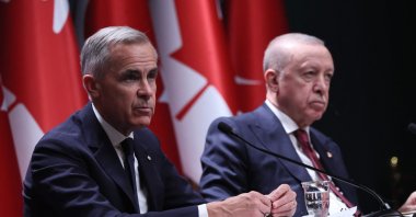President Recep Tayyip Erdoğan and Canadian Prime Minister Mark Carney hold a joint press conference following their meeting at the Presidential Complex, Ankara, Türkiye, Oct. 22, 2026. (AFP Photo)