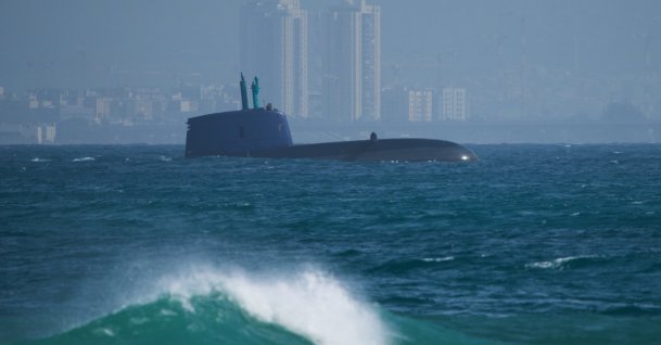 An Israeli naval submarine sails off the coast, Haifa, Israel, Feb. 18, 2026. (AP Photo)