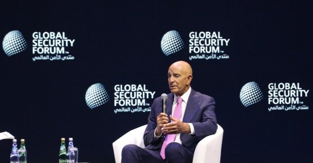 U.S. Ambassador to Türkiye and Special Envoy for Syria and Iraq Tom Barrack speaks at the 8th Global Security Forum, held under the theme "The Future of Alliances," in Doha, Qatar, Oct. 20, 2026. (AA Photo)