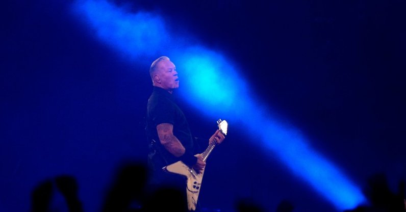 James Hetfield of Metallica performs during the M72 World Tour at the Olympic Stadium, Athens, Greece, May 9, 2026. (AP Photo)