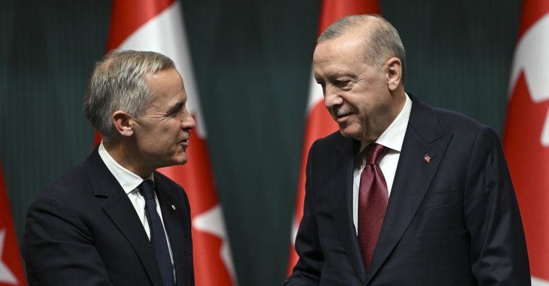 President Recep Tayyip Erdoğan and Canadian Prime Minister Mark Carney (L) shake hands following their joint press conference, Ankara, Türkiye, Oct. 22, 2026. (AA Photo)