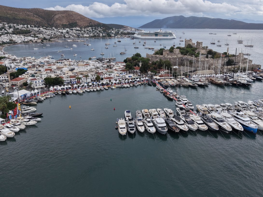 A drone-captured aerial view shows Bodrum Marina during the Bodrum Boat Show, Muğla, southwestern Türkiye, Oct. 14, 2026. (AA Photo)