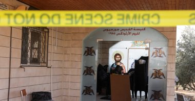 The grounds of Saint George’s Greek Orthodox Church, where gunmen opened fire during a funeral the previous day, is cordoned-off, in the village of Hamoud, Karak, Jordan, Oct. 24, 2026. (Reuters Photo)