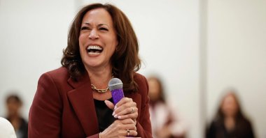 Former U.S. Vice President Kamala Harris laughs while speaking at the third annual SHE LEADS Conference at SLS Hotel, Los Angeles, U.S., Sept. 29, 2026. (AFP Photo)