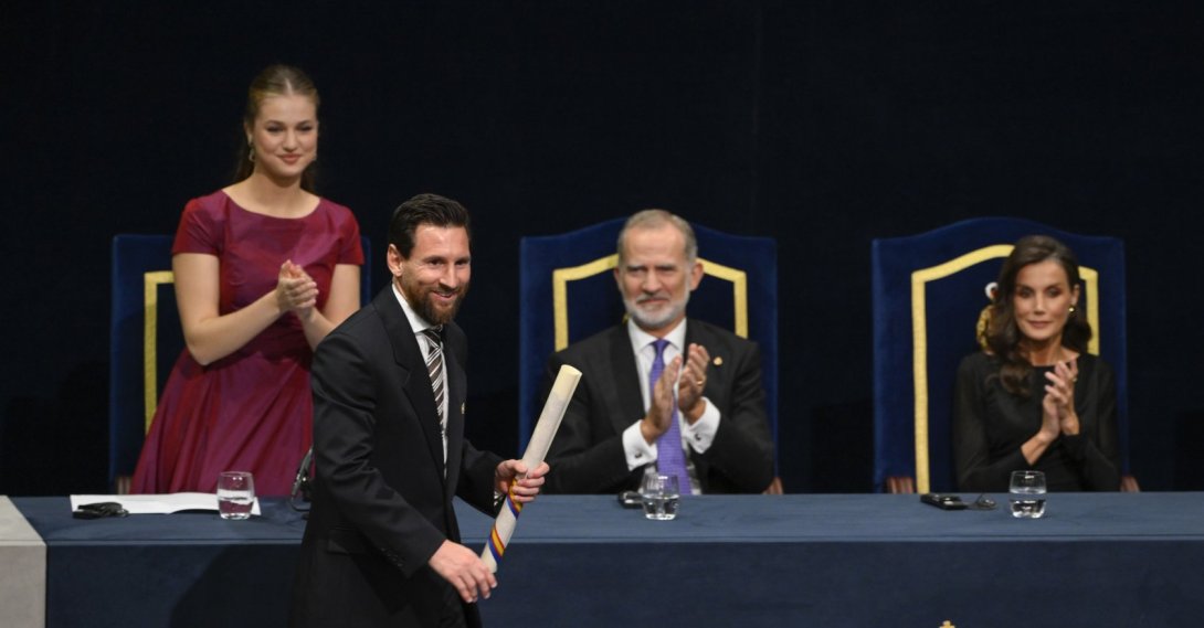 Argentina's Lionel Messi, recipient of the 2026 Princess of Asturias Award for Sports, reacts during the awards ceremony at the Campoamor Theater, Oviedo, Spain, Oct. 23, 2026. (EPA Photo)