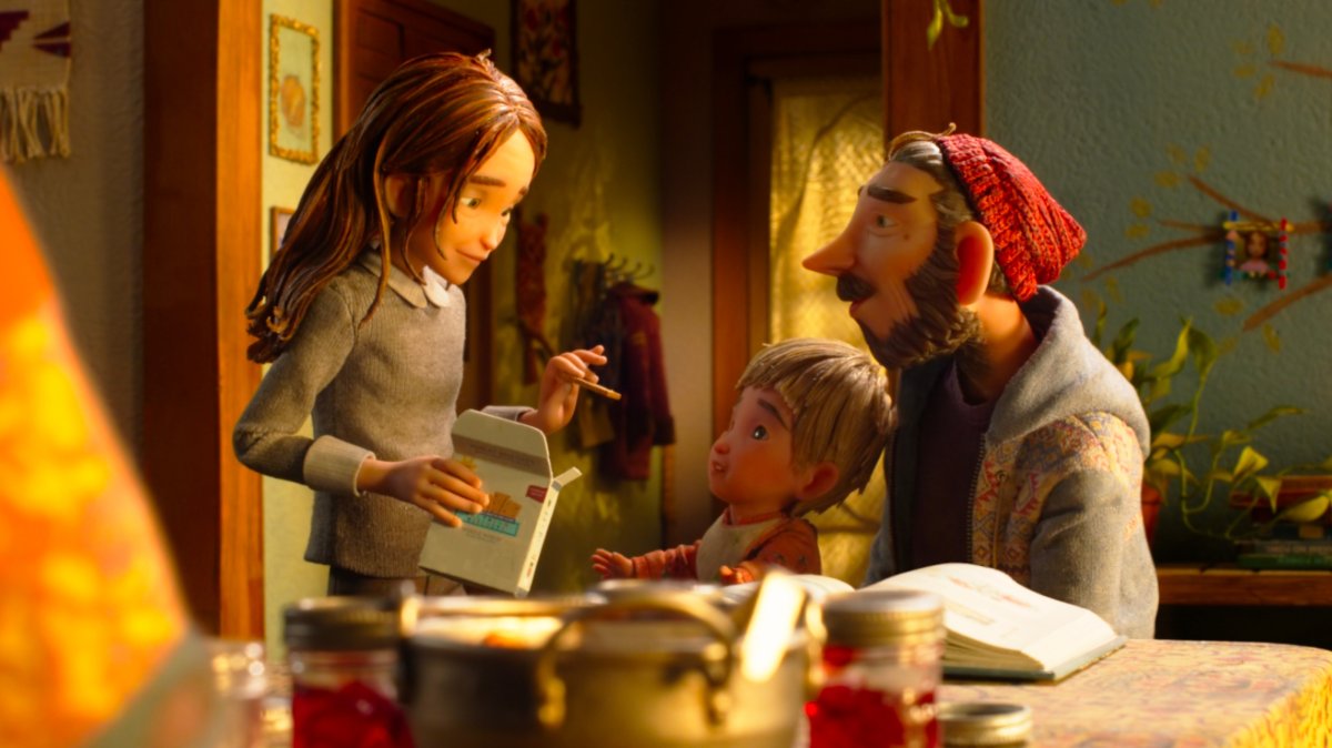 Characters (from L), Prue McKeel, voiced by Peyton Elizabeth Lee, Mac, voiced by Arthur Knight, and Mr. McKeel, voiced by Jake Johnson, in a scene from the film "Wildwood." (Laika Studios via AP Photo)