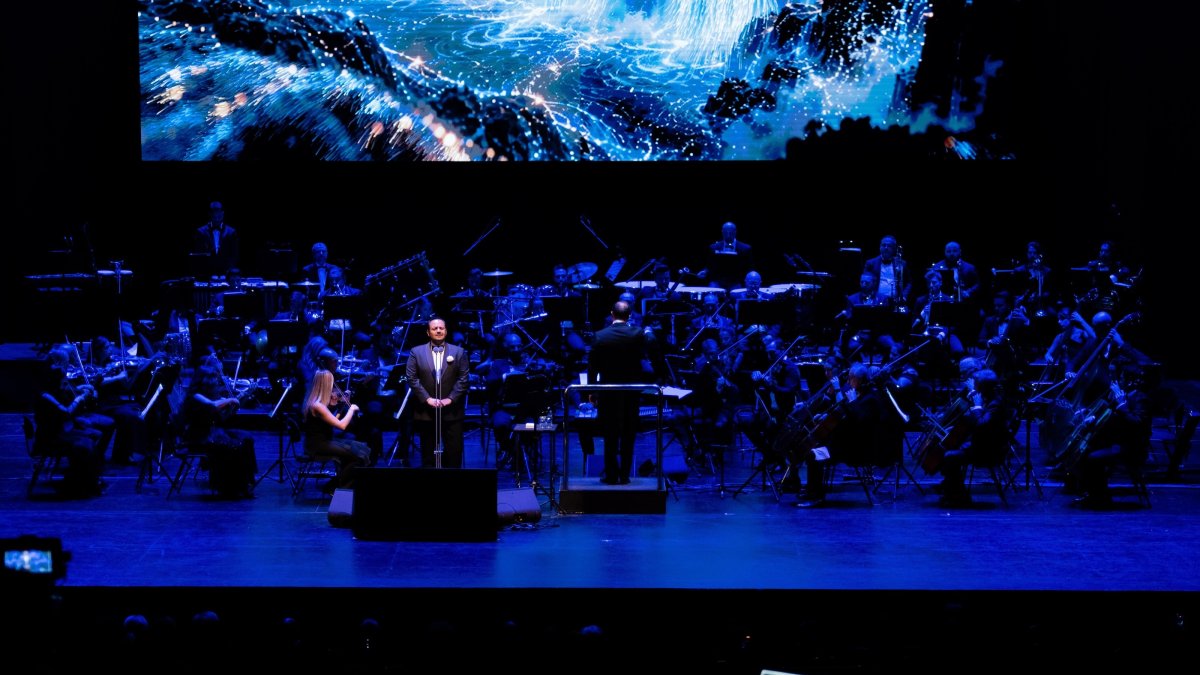 The Limak Philharmonic Orchestra performs under the artistic direction of tenor Murat Karahan during Limak Holding’s 50th anniversary celebration at the Atatürk Cultural Center (AKM), Istanbul, Türkiye, Oct. 20, 2026. (IHA Photo)