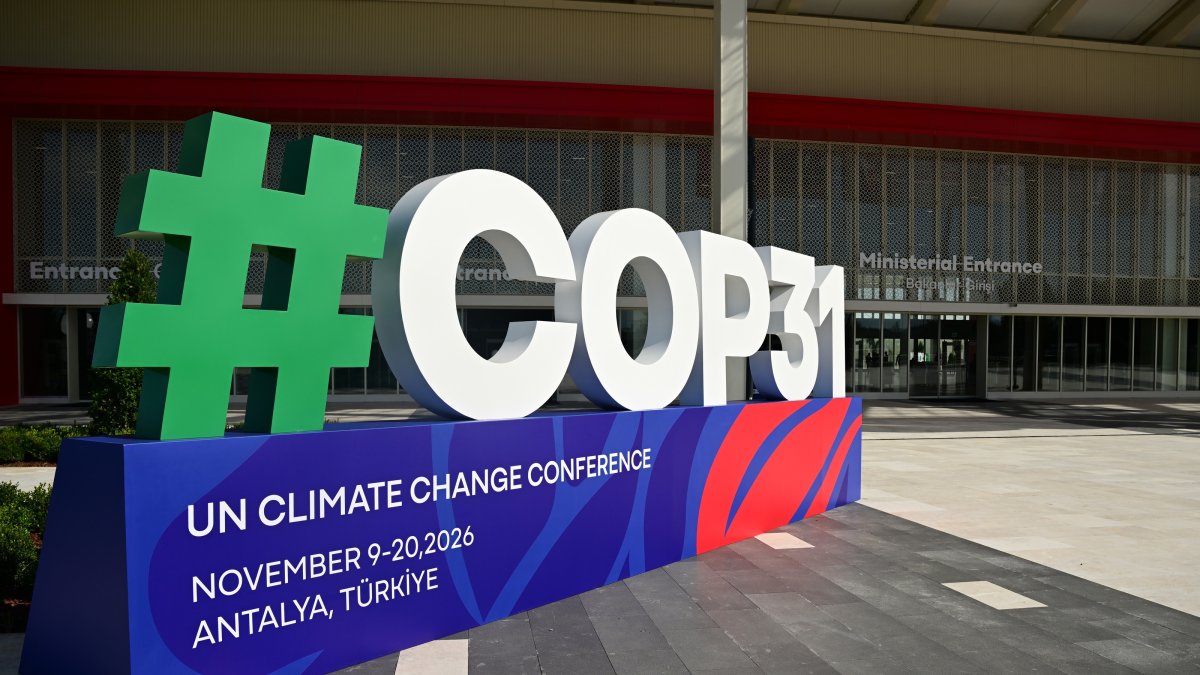 The COP31 logo is displayed at the Antalya Expo Center, the venue for the summit, Antalya, Türkiye, Oct. 22, 2026. (AA Photo)