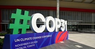 The COP31 logo is displayed at the Antalya Expo Center, the venue for the summit, Antalya, Türkiye, Oct. 22, 2026. (AA Photo)