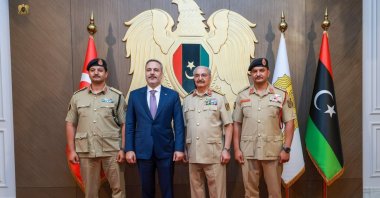 Foreign Minister Hakan Fidan meets Libyan National Army commander Khalifa Haftar and deputy commander Saddam Haftar, Benghazi, Libya, Aug. 12, 2026. (AA Photo)