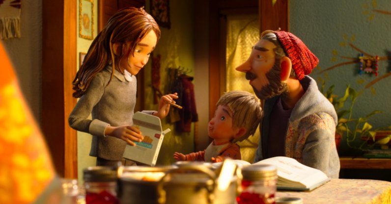 Characters (from L), Prue McKeel, voiced by Peyton Elizabeth Lee, Mac, voiced by Arthur Knight, and Mr. McKeel, voiced by Jake Johnson, in a scene from the film "Wildwood." (Laika Studios via AP Photo)