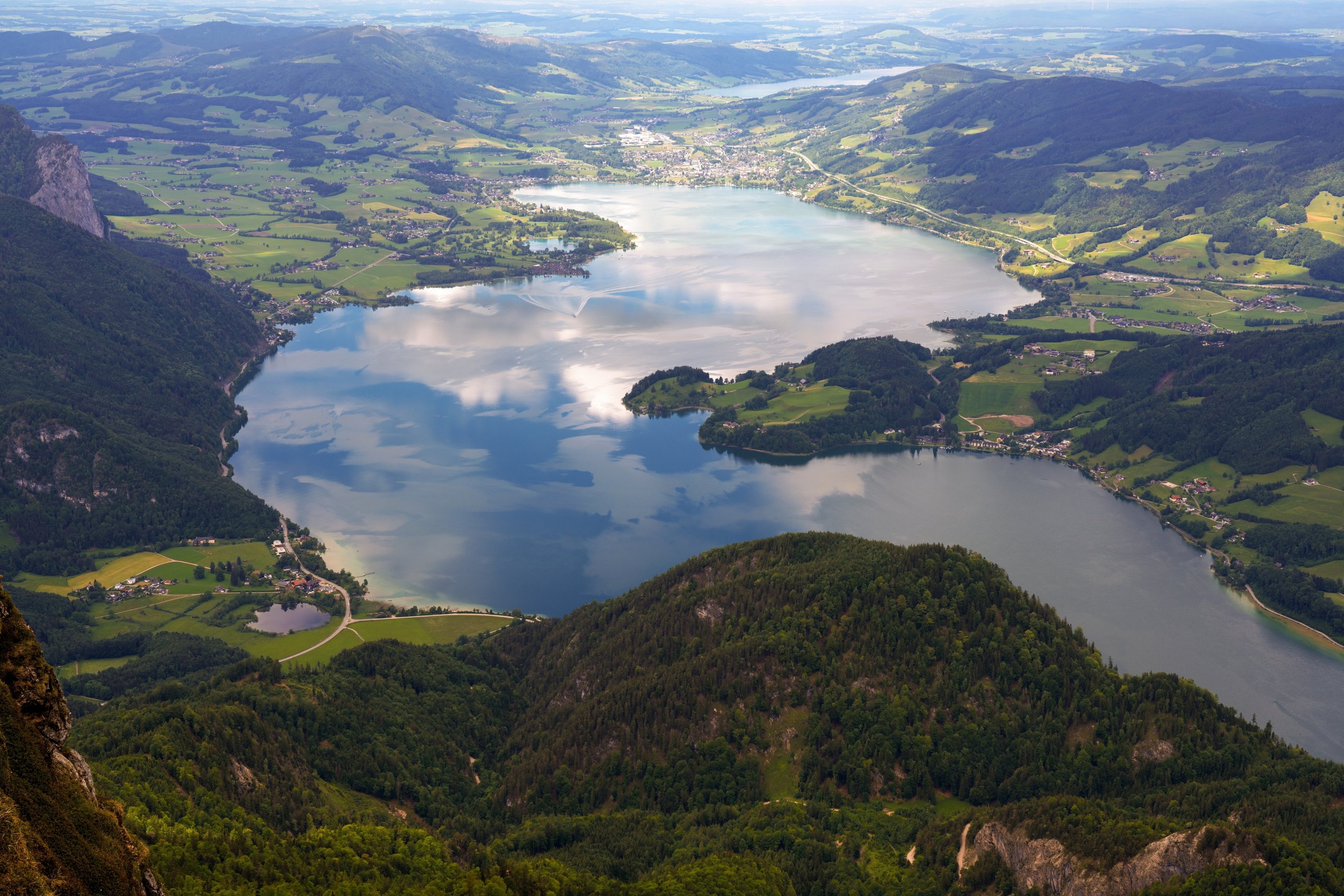 An aerial view of Schafberg mountain overlooking Lake Mondsee, Salzkammergut, Austria. (Shutterstock Photo)