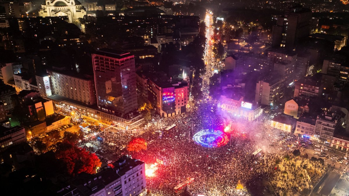 A drone view shows supporters of the "Student List" gathering at Slavija Square to celebrate their victory in the general elections, Belgrade, Serbia, Oct. 25, 2026. (Reuters Photo)