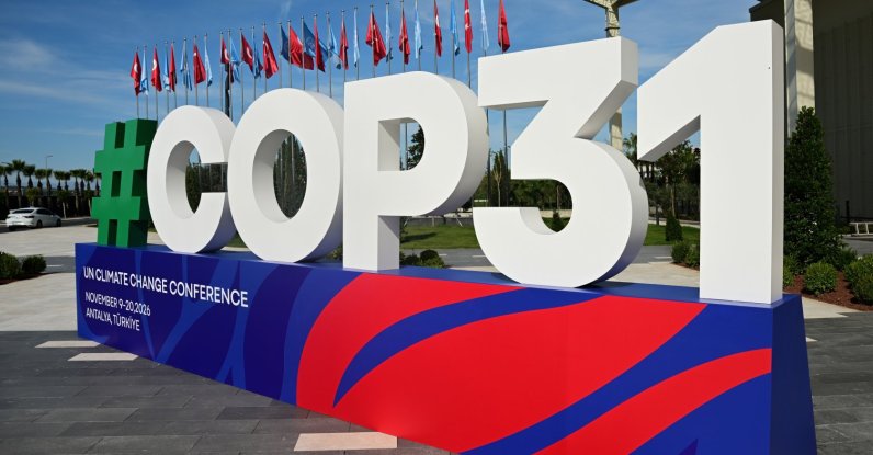 A large COP31 sign is displayed outside the venue ahead of the U.N. climate change conference, Antalya, Türkiye. (AA Photo)