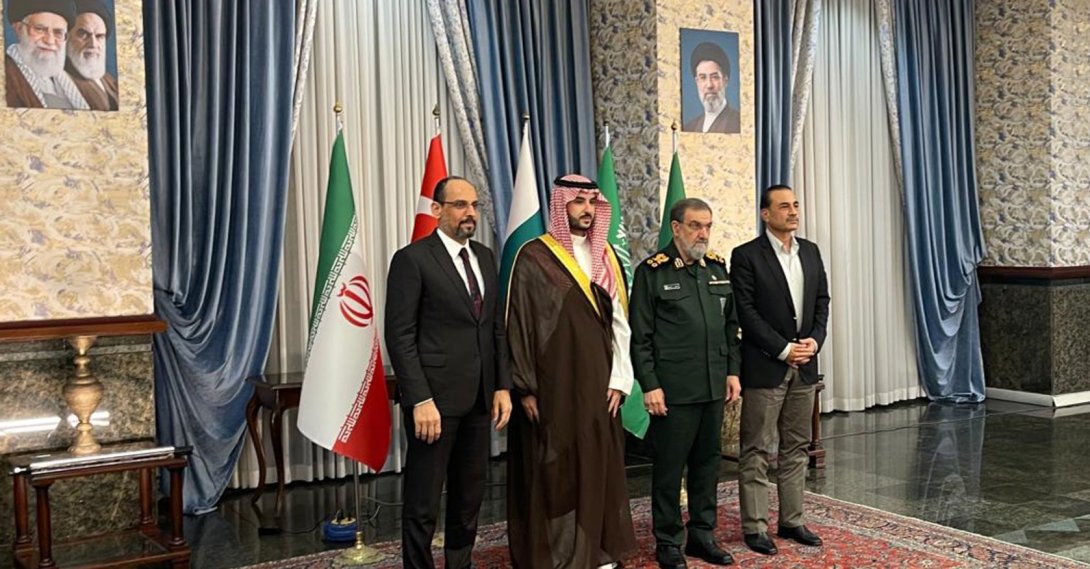 MIT chief Ibrahim Kalın, Saudi Defense Minister Prince Khalid bin Salman and Pakistan's army chief Field Marshal Asim Munir attend talks with Iran in Tehran, Oct. 26, 2026. (AA Photo)