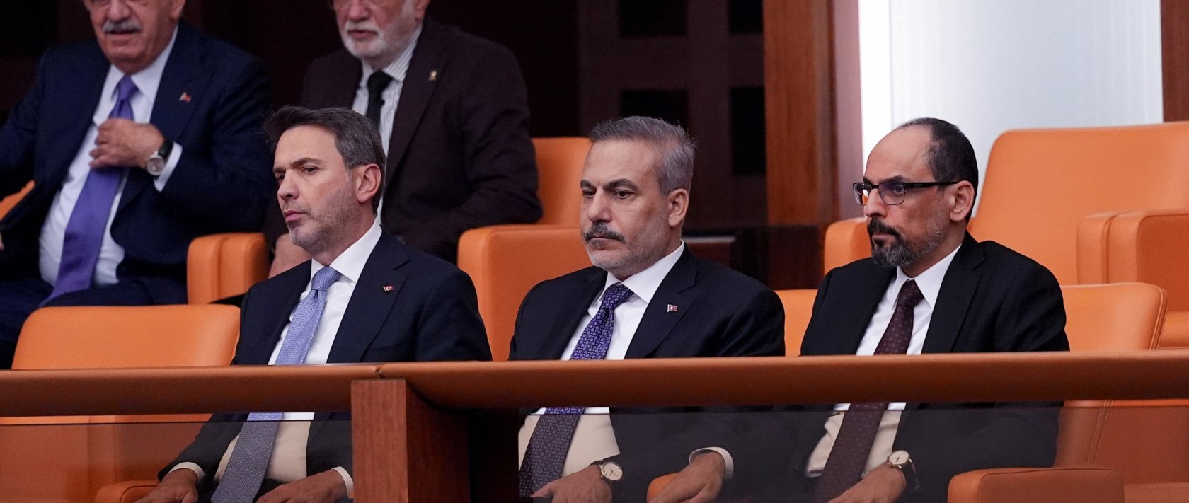 Intelligence chief Ibrahim Kalın (R) sits next to Foreign Minister Hakan Fidan (C) and Minister of Energy and Natural Resources Alparslan Bayraktar during a session at Parliament, Ankara, Türkiye, Oct. 1, 2026. (AA Photo)