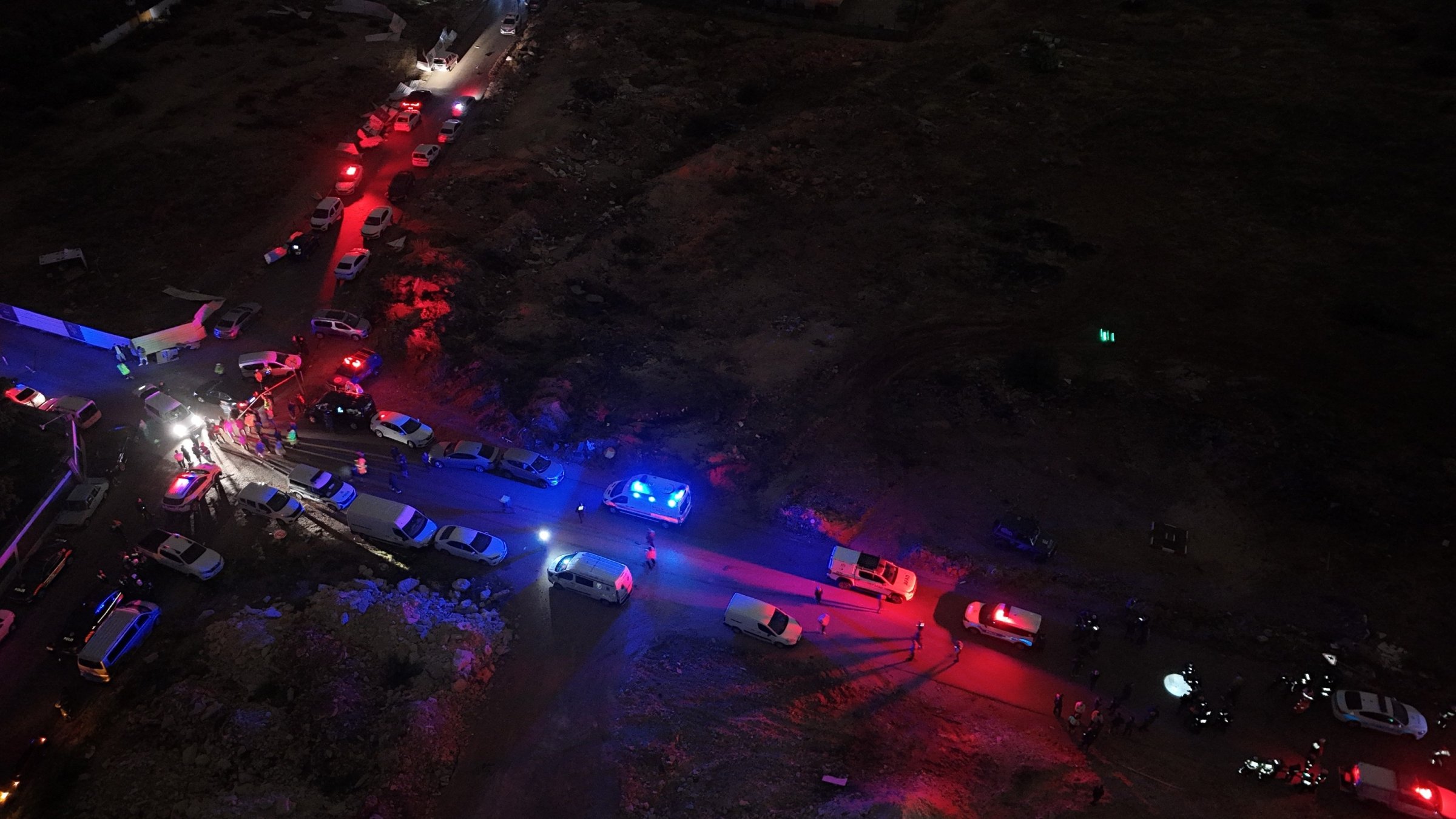 An aerial view shows police and rescue teams at the site of the incident, Antalya, Türkiye, Oct. 27, 2026. (IHA Photo)
