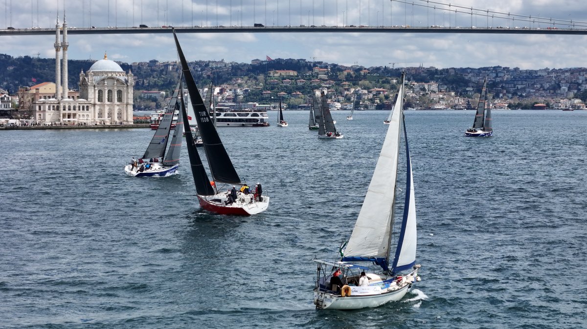 Sailboats glide across the Bosphorus during the 6th Presidential International Yacht Races’ Republic Cup, held on Türkiye’s 102nd Republic Day, Istanbul, Türkiye, Oct. 29, 2025. (Courtesy of the Turkish Sailing Federation)