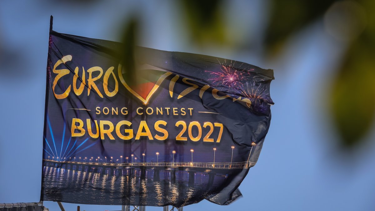 An Eurovision flag flies at the port of Burgas, which will host the 71st Eurovision Song Contest in 2027, Burgas, Bulgaria, Aug. 14, 2026. (AP Photo)