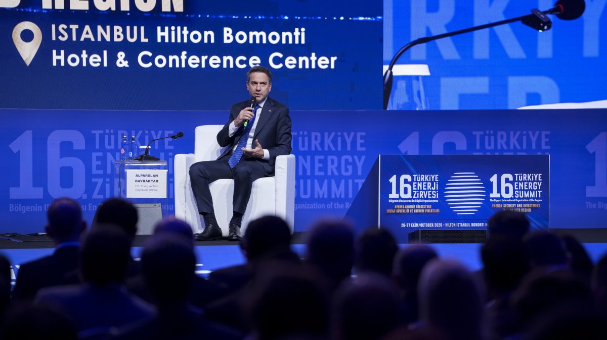 Energy and Natural Resources Minister Alparslan Bayraktar speaks during an energy summit, Istanbul, Türkiye, Oct. 27, 2026. (AA Photo)