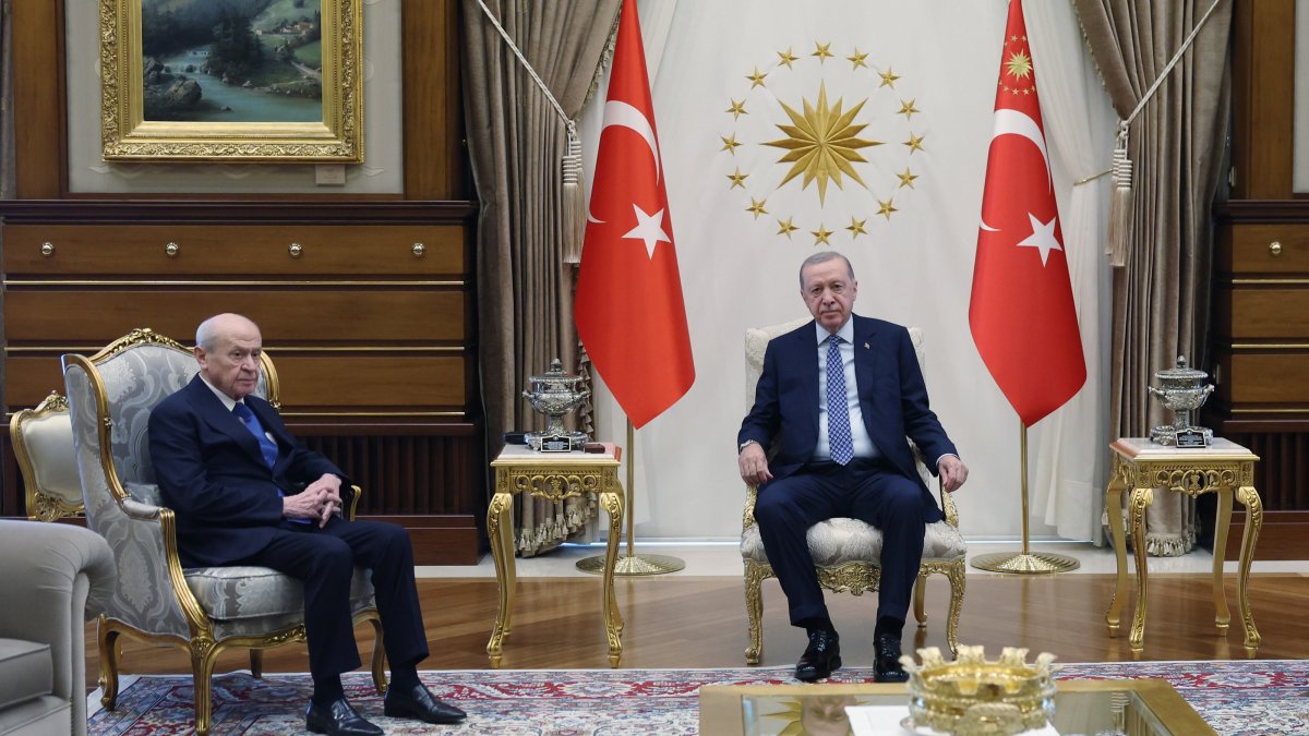 President Recep Tayyip Erdoğan meets with Nationalist Movement Party (MHP) Chairperson Devlet Bahçeli at the Presidential Complex, Ankara, Türkiye, Oct. 27, 2026. (AA Photo)