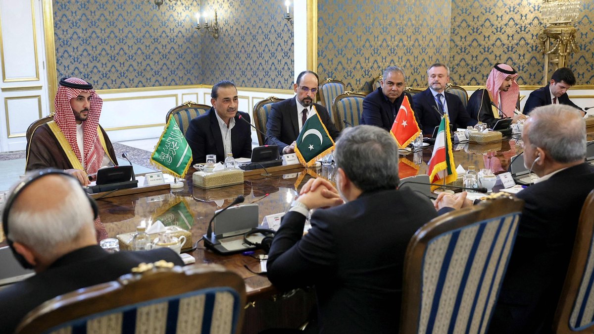 This handout picture provided by the Iranian presidency shows (L to R) Saudi Arabia's Defense Minister Prince Khalid bin Salman Al Saud, Pakistani army chief General Syed Asim Munir and intelligence chief Ibrahim Kalin during their meeting with Iran's president, foreign minister and national security council head, Tehran, Iran, Oct. 26, 2026. (AFP Photo)