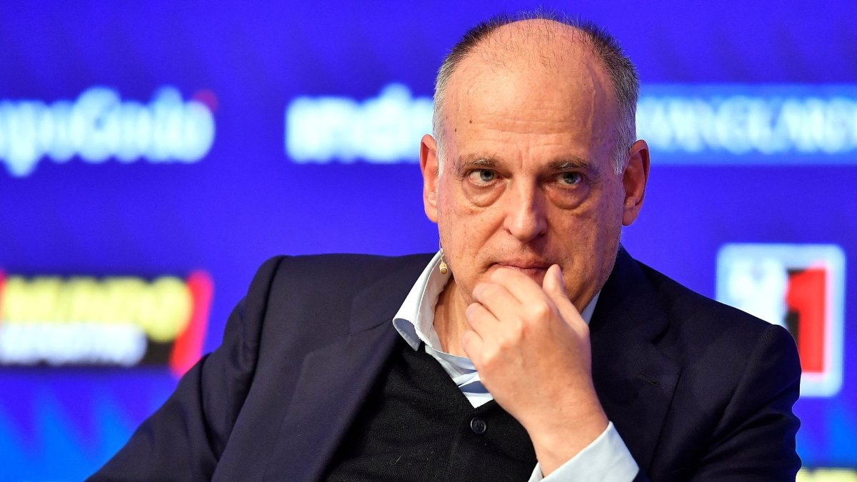 LaLiga Javier Tebas takes part in the forum "Defense of the European Football Ecosystem”, organized by the La Vanguardia journal, Barcelona, Spain, March 16, 2023. (AFP Photo)