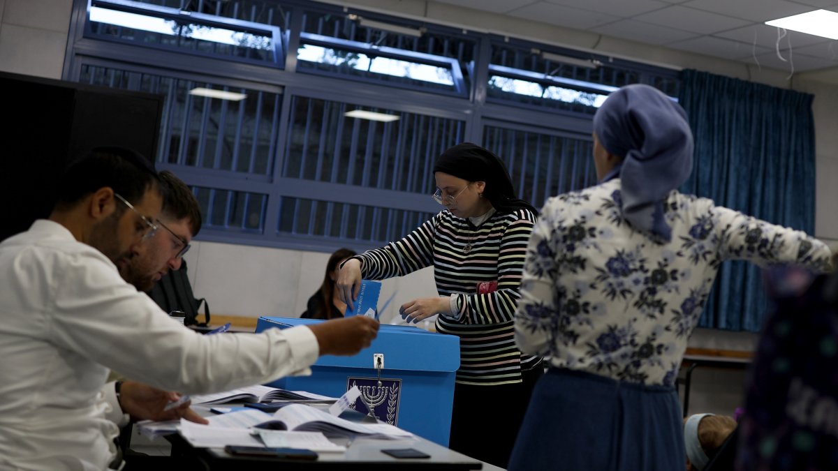 People cast their votes for the 26th Knesset (legislative) elections in the city of Bnei Brak, near Tel Aviv, Israel, Oct. 27, 2026. (EPA