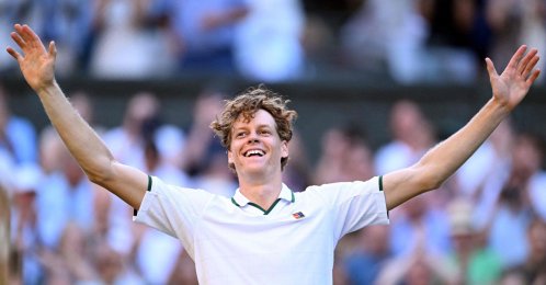 Italy's Jannik Sinner reacts to beating Germany's Alexander Zverev during their men's singles final tennis match on the fourteenth day of the 2026 Wimbledon Championships at The All England Lawn Tennis and Croquet Club in Wimbledon, London, U.K., July 12, 2026. (AFP Photo)