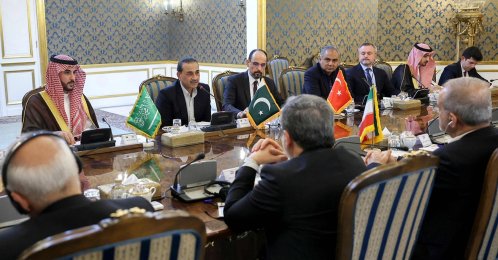 This handout picture provided by the Iranian presidency shows (L to R) Saudi Arabia's Defense Minister Prince Khalid bin Salman Al Saud, Pakistani army chief General Syed Asim Munir and intelligence chief Ibrahim Kalin during their meeting with Iran's president, foreign minister and national security council head, Tehran, Iran, Oct. 26, 2026. (AFP Photo)