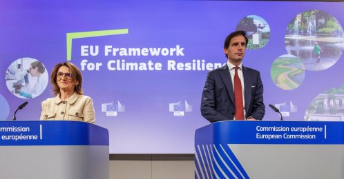European Commission Executive Vice-President for Clean, Just and Competitive Transition Teresa Ribera (L) and European Commissioner for Climate, Net Zero and Clean Growth Wopke Hoekstra attend a press conference on the EU framework for climate resilience following the readout of the College meeting in Brussels, Belgium, Oct. 27, 2026.  (EPA Photo)