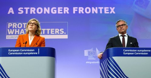 European Commission Executive Vice-President Henna Virkkunen and European Migration Commissioner Magnus Brunner hold a news conference in Brussels, Belgium Oct. 27, 2026. (Reuters Photo)