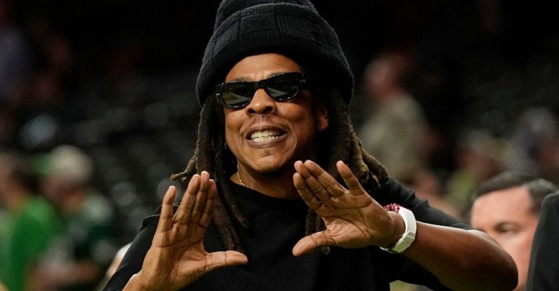 Jay-Z gestures from the sidelines prior to the NFL Super Bowl 59 football game, New Orleans, U.S., Feb. 9, 2025. (AP Photo)