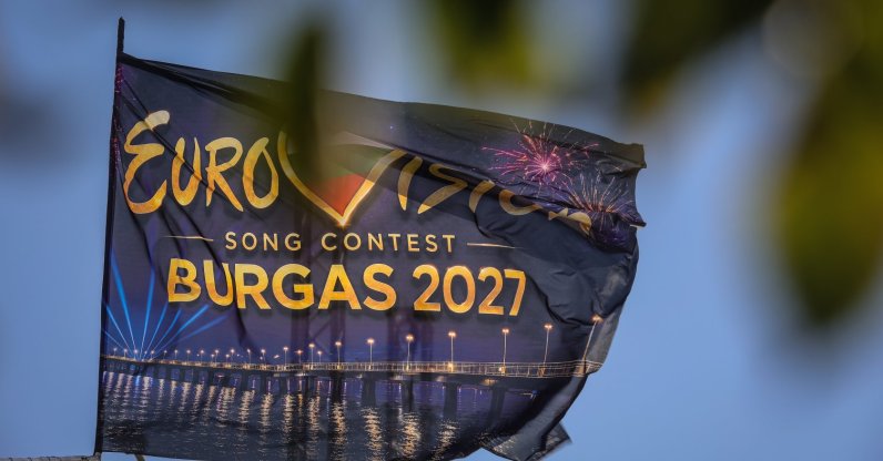 An Eurovision flag flies at the port of Burgas, which will host the 71st Eurovision Song Contest in 2027, Burgas, Bulgaria, Aug. 14, 2026. (AP Photo)
