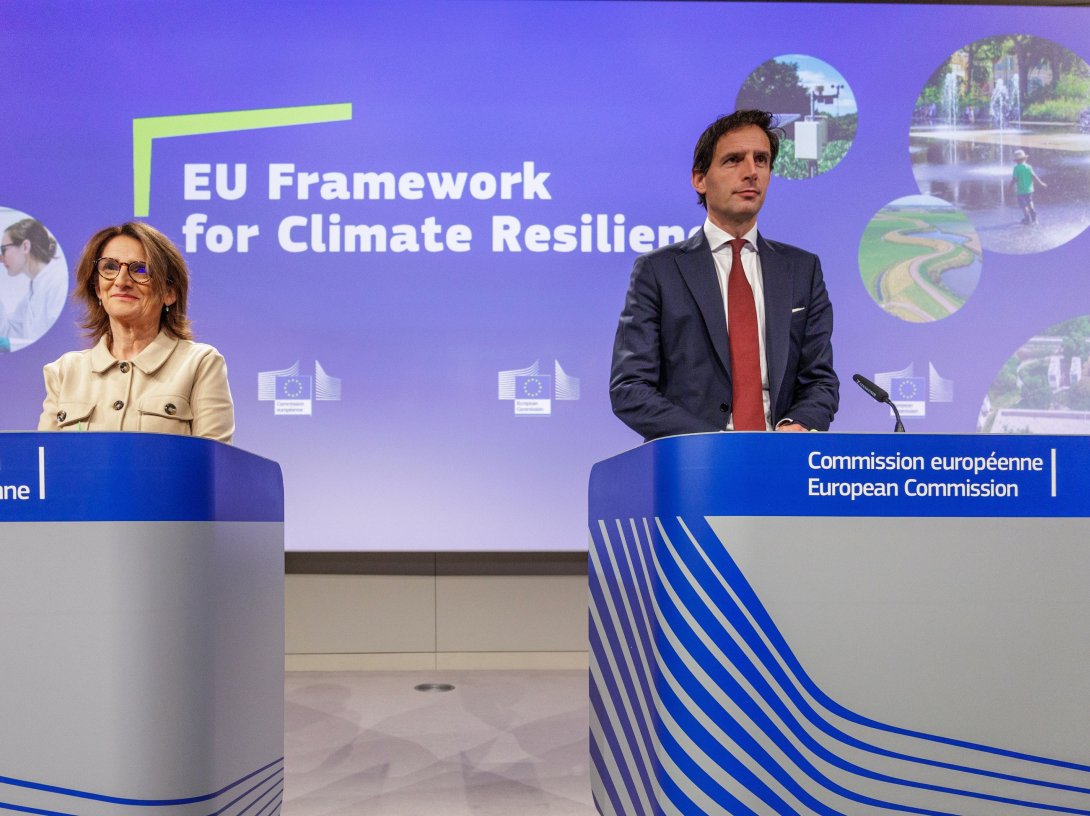 European Commission Executive Vice-President for Clean, Just and Competitive Transition Teresa Ribera (L) and European Commissioner for Climate, Net Zero and Clean Growth Wopke Hoekstra attend a press conference on the EU framework for climate resilience following the readout of the College meeting in Brussels, Belgium, Oct. 27, 2026.  (EPA Photo)