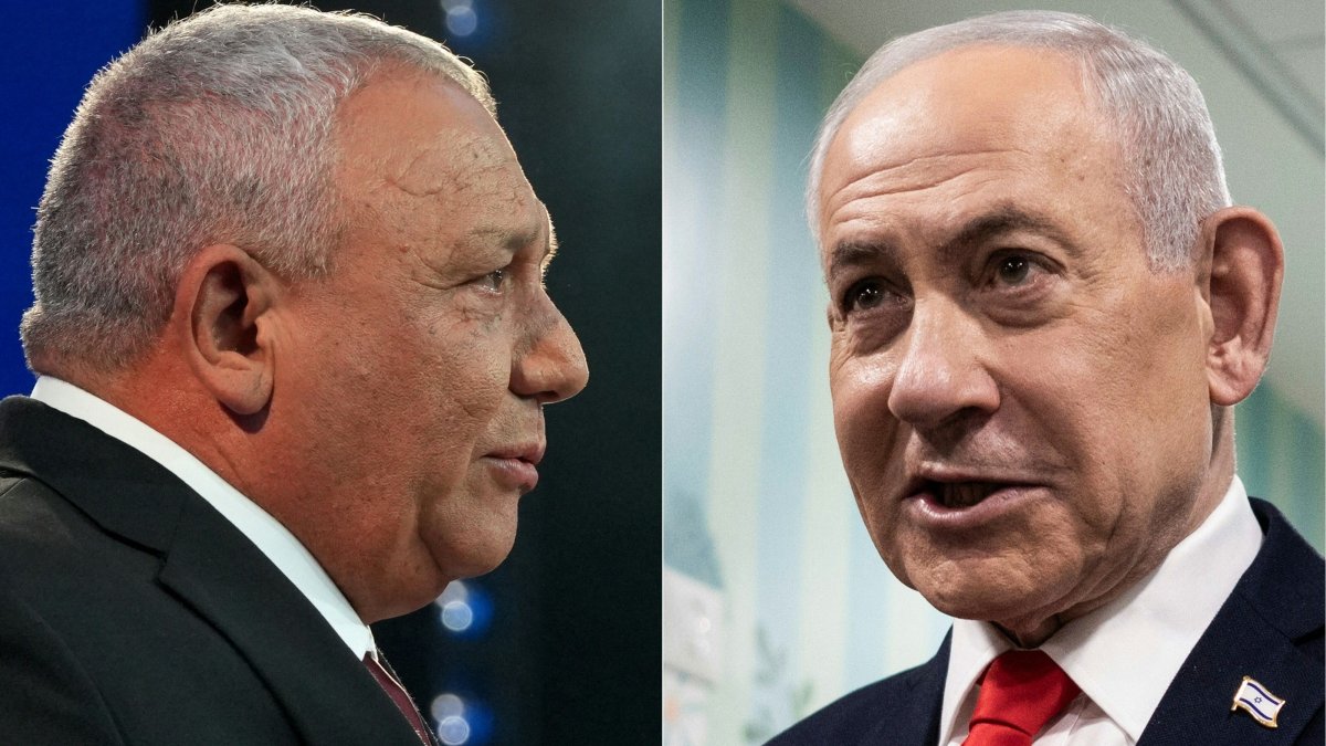 This combination of pictures shows Yashar party leader Gadi Eisenkot (L) addressing his supporters at the election night rally in Tel Aviv, Oct. 28, 2026, and Prime Minister Benjamin Netanyahu speaking to the media after voting in West Jerusalem, Oct. 27, 2026. (AFP Photo)