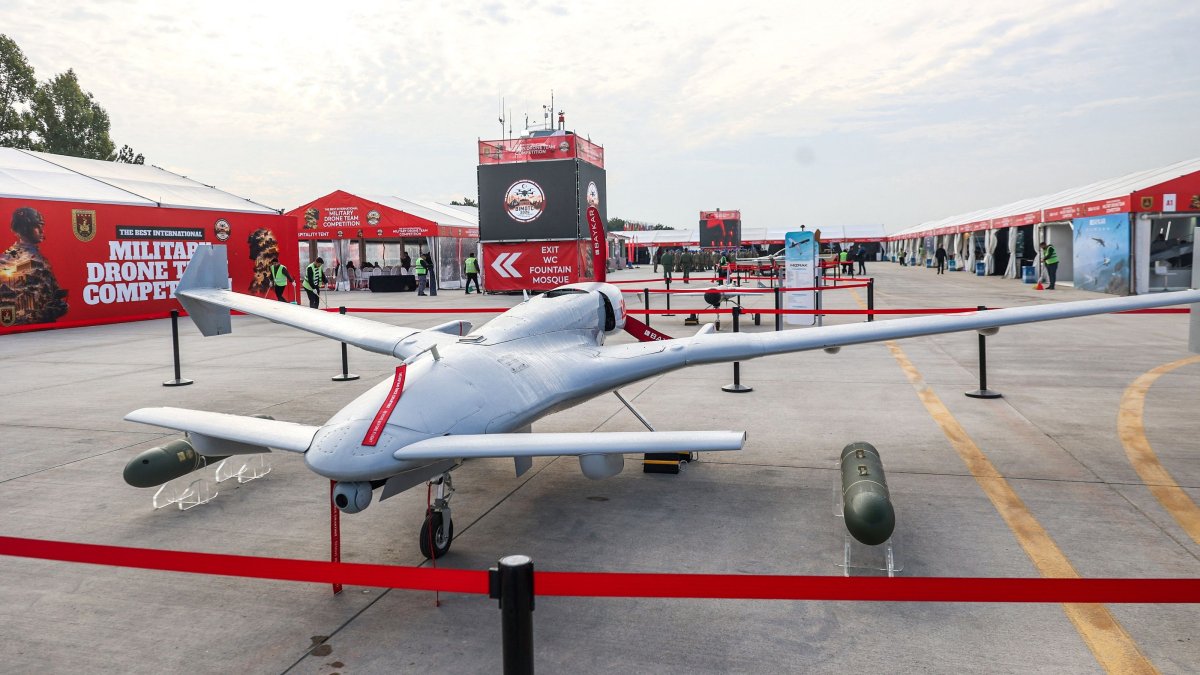 This photograph shows a Baykar K2 unmanned aerial vehicle (UAV) displayed during the Best Military Drone Team Competition, Ankara, Türkiye, Oct. 24, 2026. (AFP Photo)