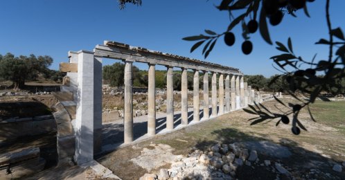Ancient columns stand among the ruins of the ancient city of Teos in Seferihisar, Izmir, Türkiye, Oct. 27, 2026. (IHA Photo)