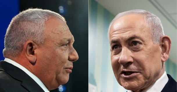 This combination of pictures shows Yashar party leader Gadi Eisenkot (L) addressing his supporters at the election night rally in Tel Aviv, Oct. 28, 2026, and Prime Minister Benjamin Netanyahu speaking to the media after voting in West Jerusalem, Oct. 27, 2026. (AFP Photo)