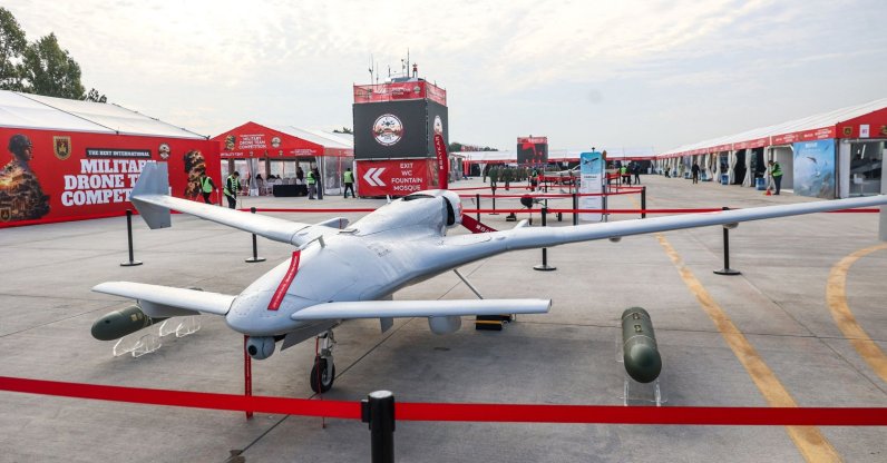 This photograph shows a Baykar K2 unmanned aerial vehicle (UAV) displayed during the Best Military Drone Team Competition, Ankara, Türkiye, Oct. 24, 2026. (AFP Photo)