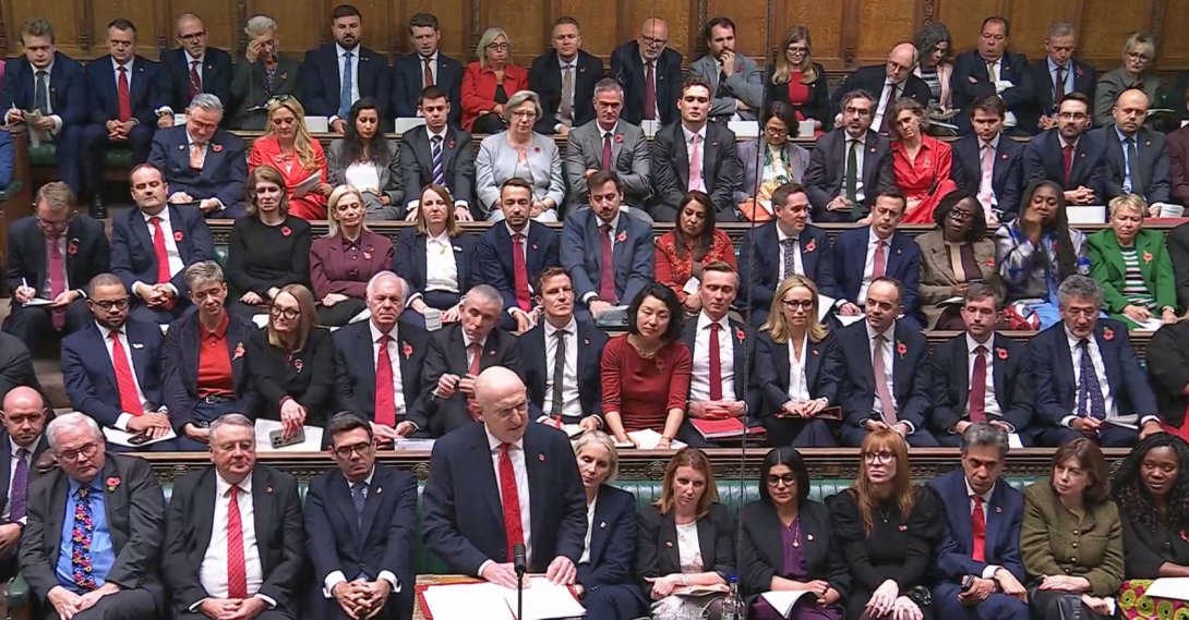 This video grab, taken from footage broadcast by the UK Parliamentary Recording Unit (PRU) via the Parliament TV website, shows Britain's Chancellor of the Exchequer John Healey as he presents the budget in the House of Commons in London, U.K., Oct. 28, 2026. (AFP Photo)