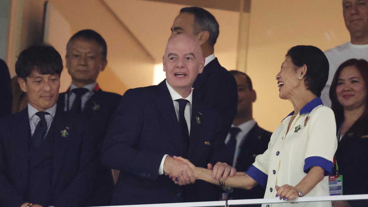 FIFA President Gianni Infantino (L) greets Japan's Hisako, Princess Takamado, before the World Cup Group F match between Tunisia and Japan, Guadalupe, Monterrey, Mexico, June 20, 2026.  (AP Photo)