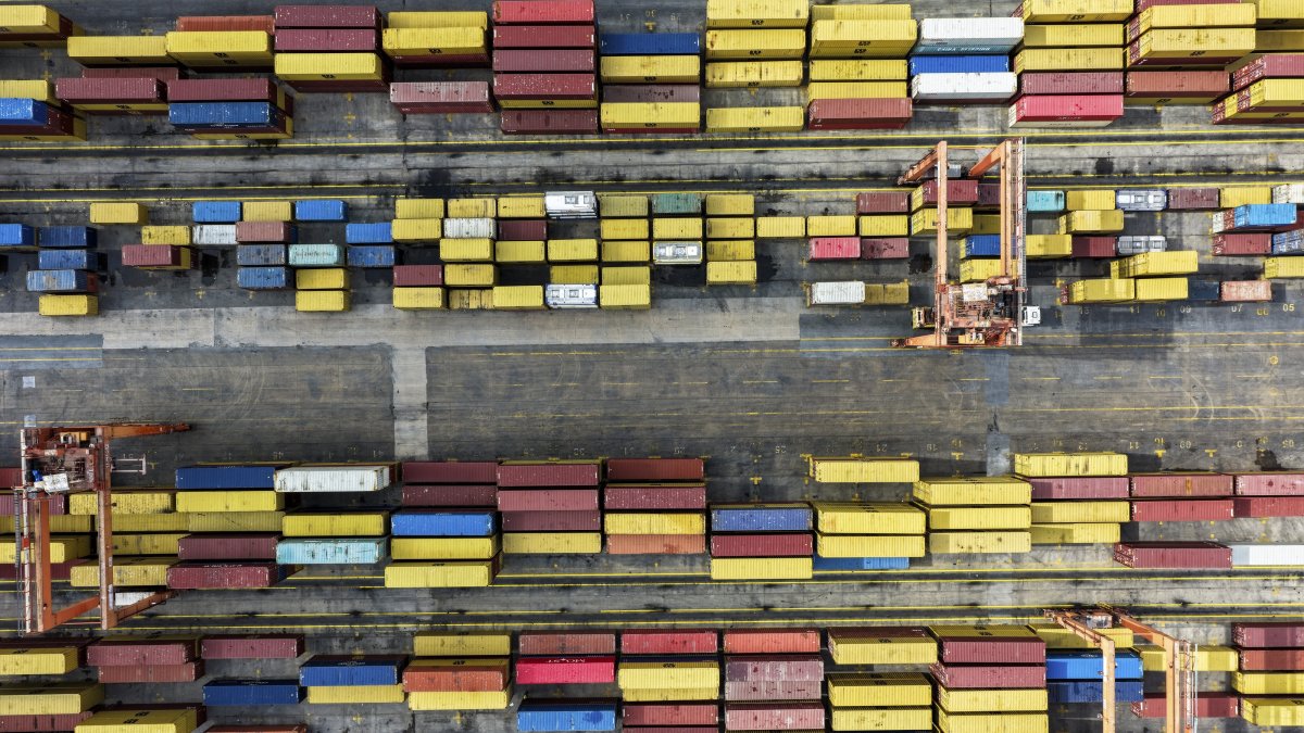 An aerial view of containers at a port, Izmir, Türkiye, Oct. 13, 2026. (AA Photo)