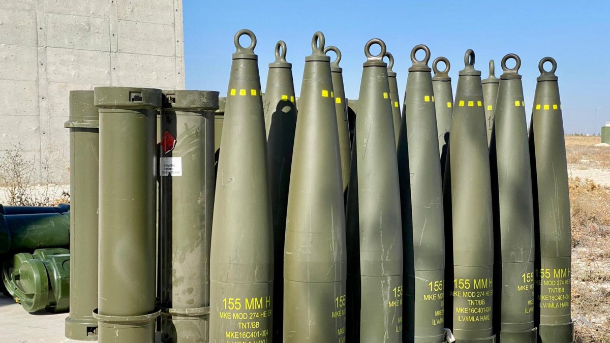 A general view of 155-millimeter ammunition produced by the Turkish company MKE is seen in this file photo. (DHA Photo)