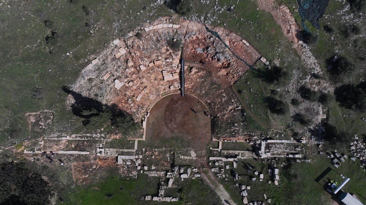 An aerial view of the ancient theater of Apollonia ad Rhyndacum, Gölyazı, Bursa, Türkiye, Oct. 28, 2026. (AA Photo)