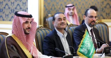 National Intelligence Organization (MIT) Chief Ibrahim Kalın (R), Saudi Arabia's defense minister, Prince Khalid bin Salman Al Saud (L), and Pakistani Army chief Gen. Syed Asim Munir during their meeting with Iran's president, foreign minister and National Security Council head, Tehran, Iran, Oct. 26, 2026. (AFP Photo)